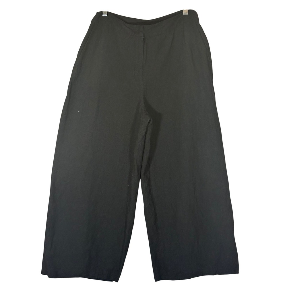 Eileen Fisher Black Linen Blend Wide Leg Crop Pants Sz L 30x23.5 Luxury Capsule